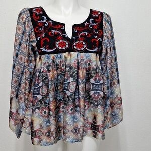 KAS New York Red Blue Embroidered Bohemian Balloon Sleeve Peasant Boho Blouse M